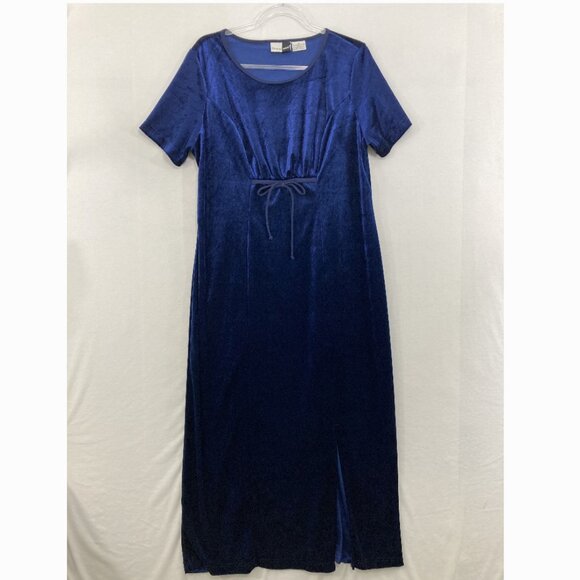 Dress.com size 16 Blue Velvet Ruched Bow Tie Front Side Slit Maxi Dress Y2K - Picture 1 of 10